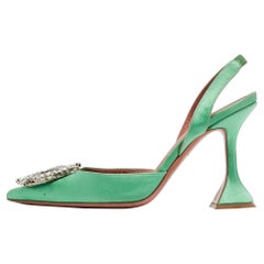 Amina Muaddi Green Satin Begum Slingback Pumps Size 36.5