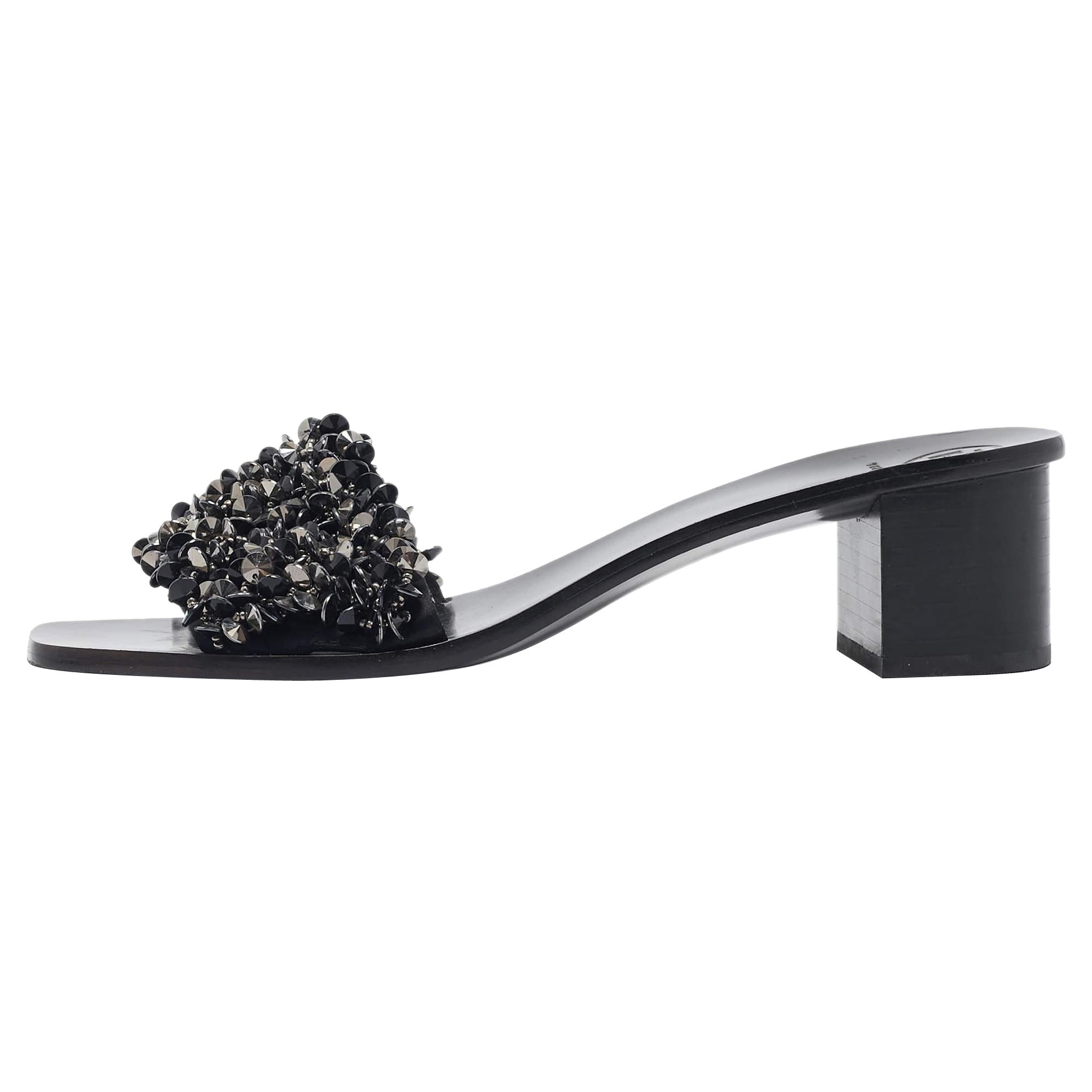 Tory Burch Satin noir Logan Embellished Slide Sandals Size 40.5