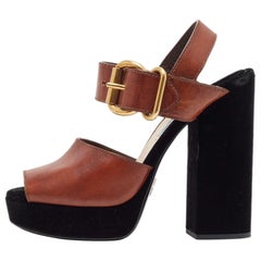 Prada Black Velvet Leather Cutout Accent Block Heel Ankle Strap Sandals Size 37