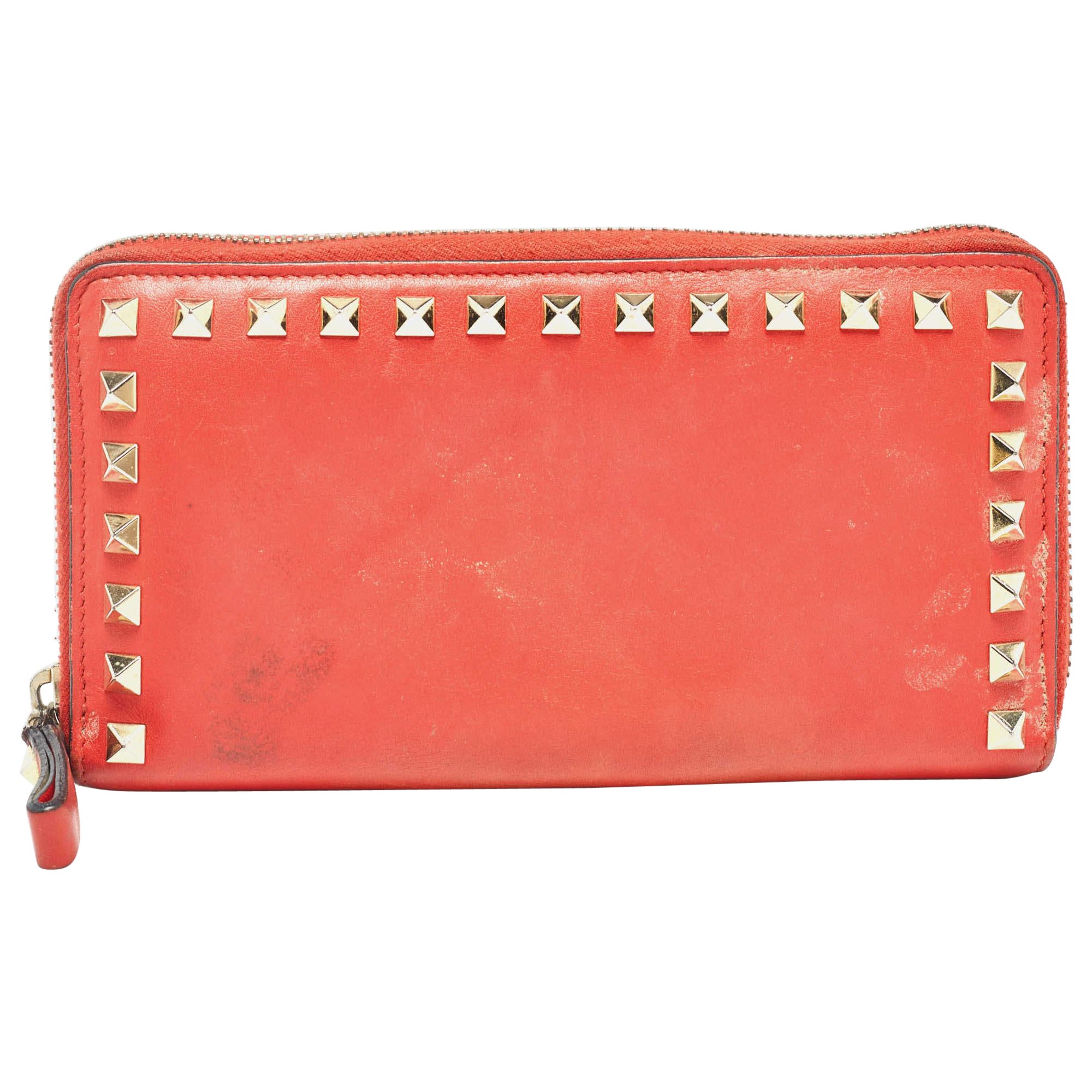 Valentino Red Leather Rockstud Zip Around Continental Wallet For Sale