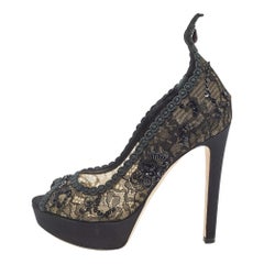 Dior Black Mesh Embellished Pampille Peep Toe Pumps Talla 37
