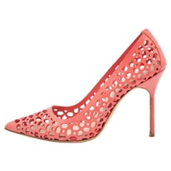 Manolo Blahnik Coral Pink Lasercut Leather BB Laserato Pumps Size 37