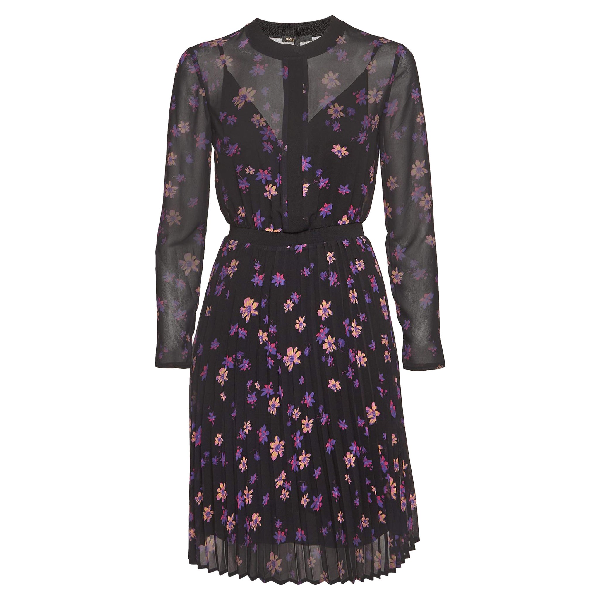 Maje Black Floral Print Chiffon Plisse Midi Dress S For Sale