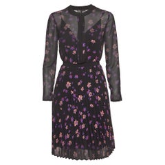 Maje Black Floral Print Chiffon Plisse Midi Dress S