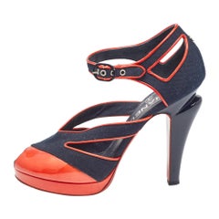 Chanel Navy Blue/Red Canvas and Patent Leather CC Strappy Sandals Size 38.5