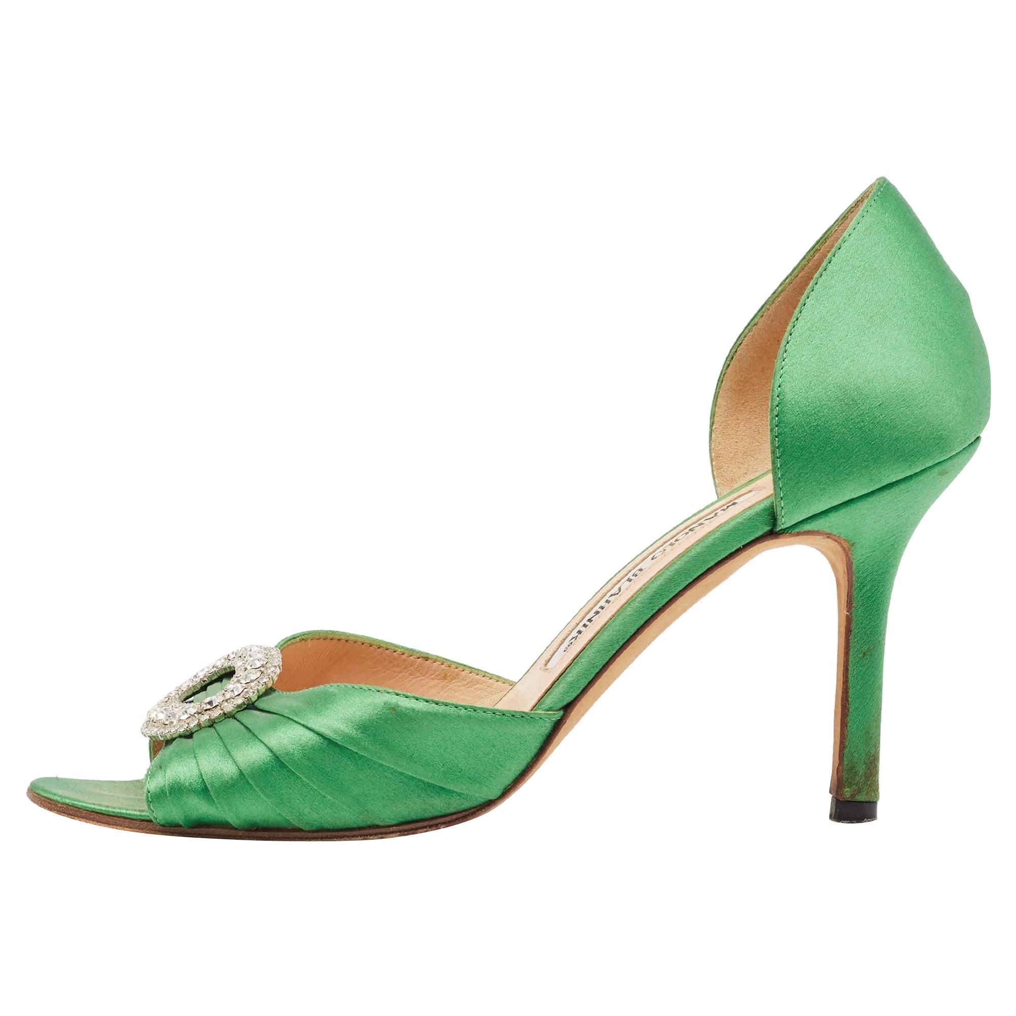 Manolo Blahnik Pumps Sedaraby in raso plissettato verde misura 37 in vendita