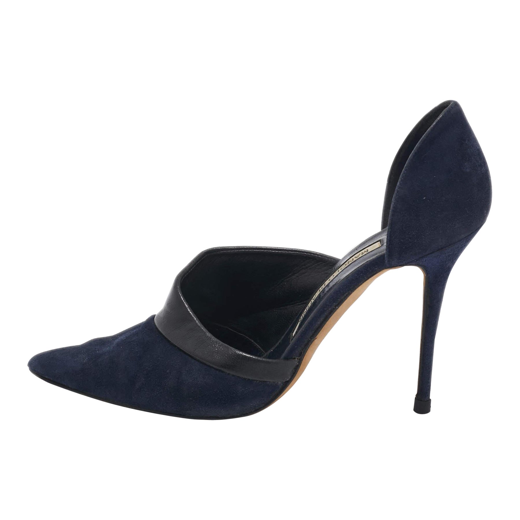 Manolo Blahnik Navy Blue/Black Suede and Leather D'orsay Pumps Size 36 For Sale