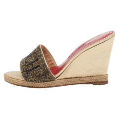 CH Carolina Herrera Metallic Leder Keil Espadrille Slide Sandalen Größe 39