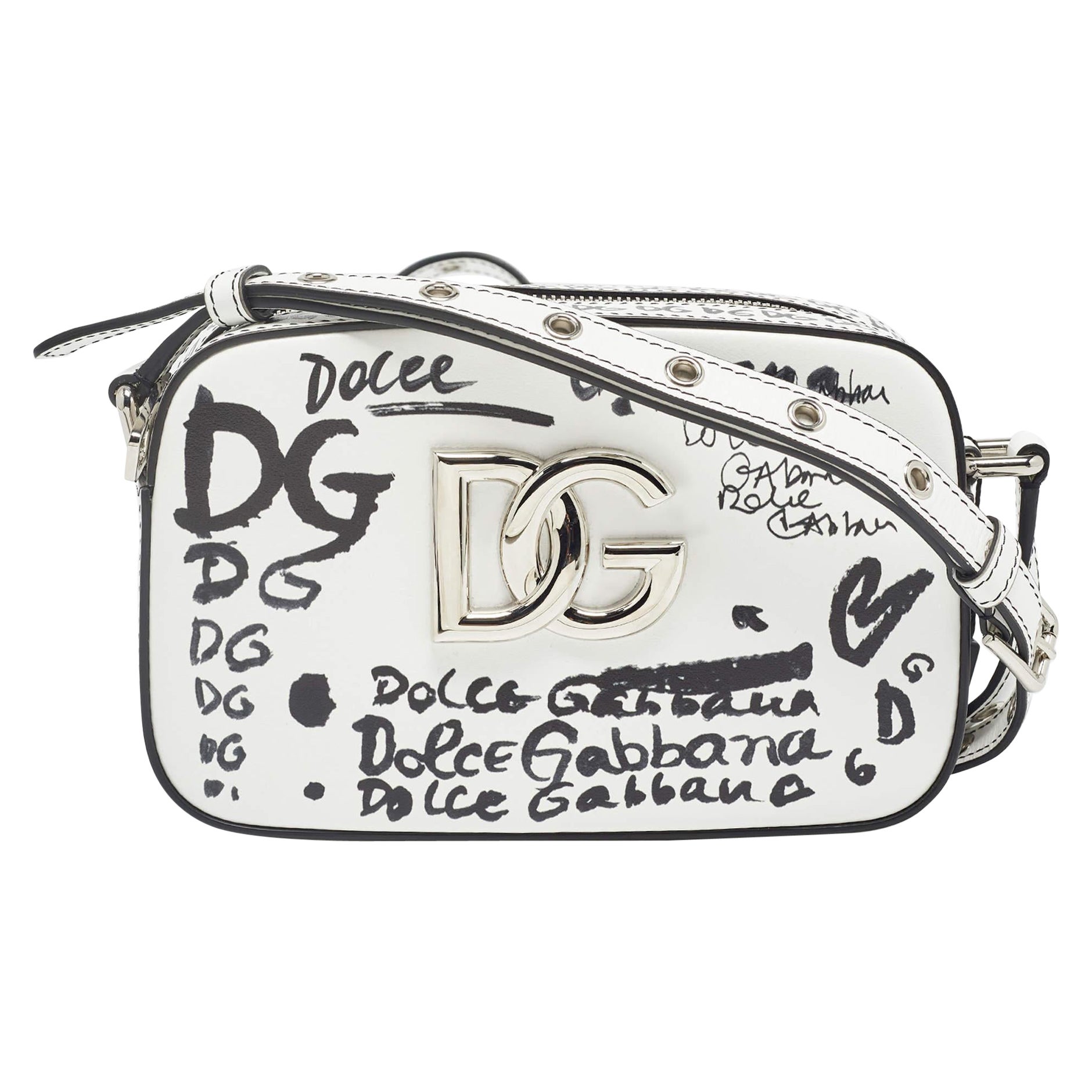 Dolce & Gabbana White/Black Printed Leather Crossbody Bag For Sale