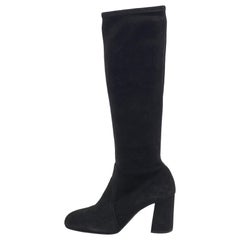 Prada Black Suede Knee Length Block Heel Boots Size 37.5