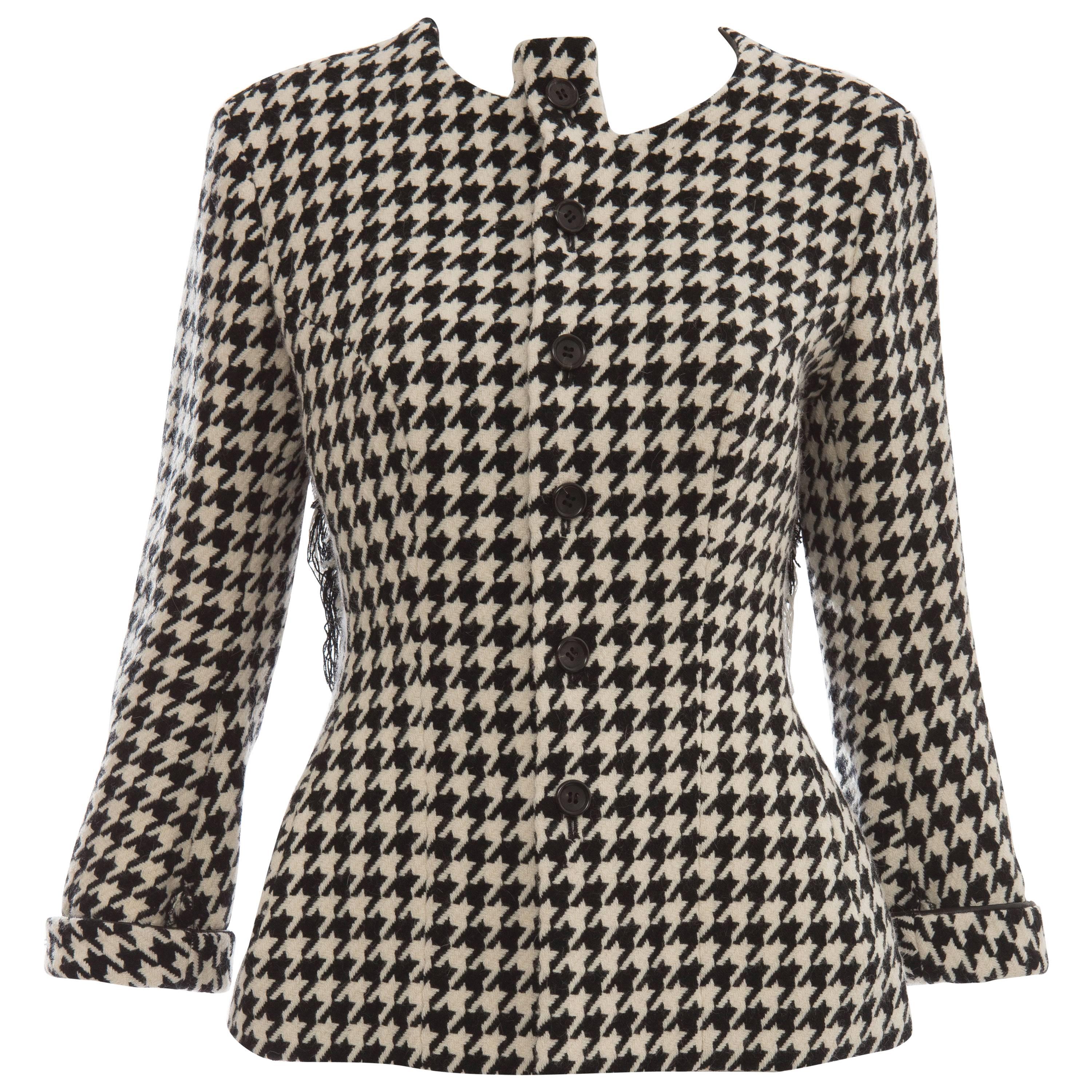 Yohji Yamamoto Wool Houndstooth Jacket With Leather Trim, Autumn / Winter 2003 For Sale