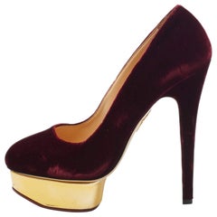 Charlotte Olympia Burgundy Velvet and Leather Dolly Pumps Size 40