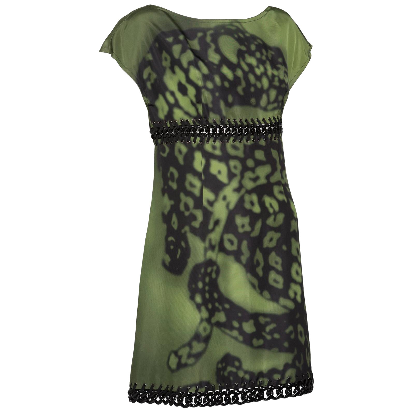 Prada Green Black Chain Inset Printed Shift Dress, Resort 2009 For Sale