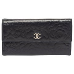 Chanel Black Camellia Embossed Leather Large Flap Wallet