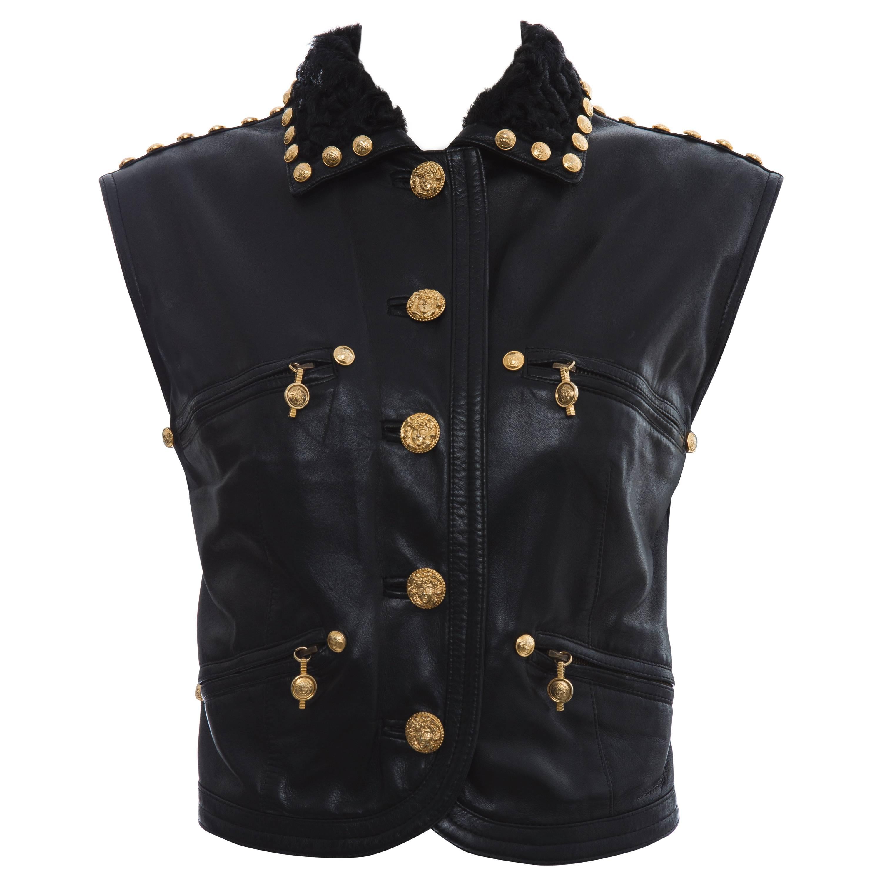 Gianni Versace Black Studded Leather Vest With Persian Lamb Collar, Circa 1990's