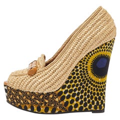 Burberry Beige Raffia und Stoff Pumps mit offener Zehe und Keil Größe 38,5