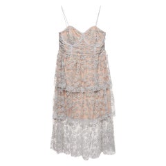 Self-Portrait Grey Embroidered Tulle Tiered Strapless Midi Dress L