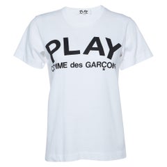 Comme Des Garcons Play White Logo Print Cotton Crew Neck T-Shirt L