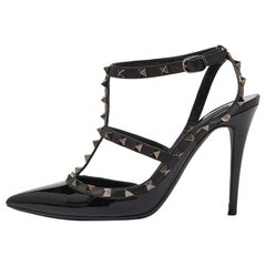 Valentino Black Patent Leather Rockstud Ankle Strap Cage Sandals Size 41