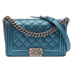 Chanel Metallic Blue Perforated Quilted Leather Medium Boy Flap Bag