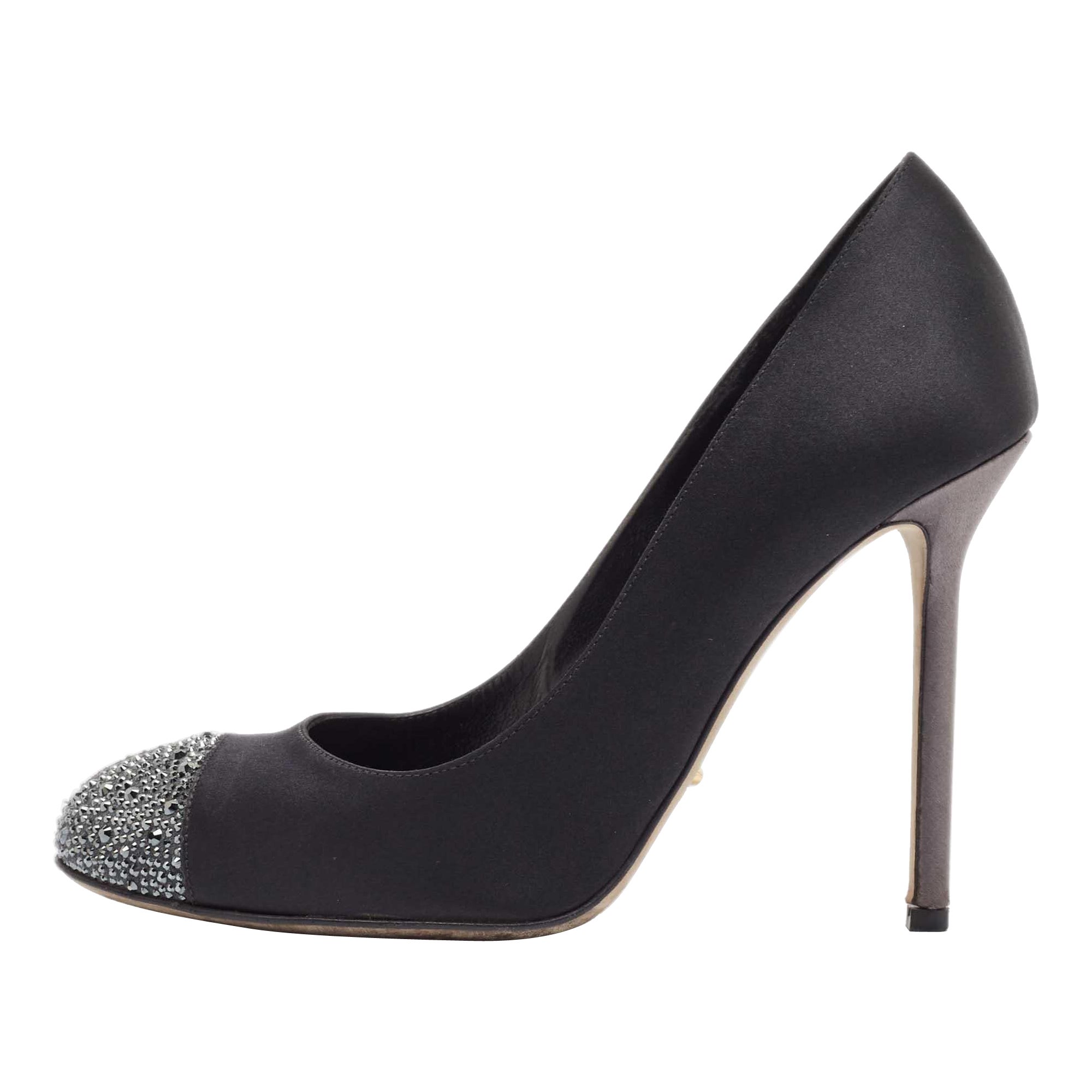 Sergio Rossi Noir/Gris Satin Crystal Embellished Peep Toe Pumps Size 38.5