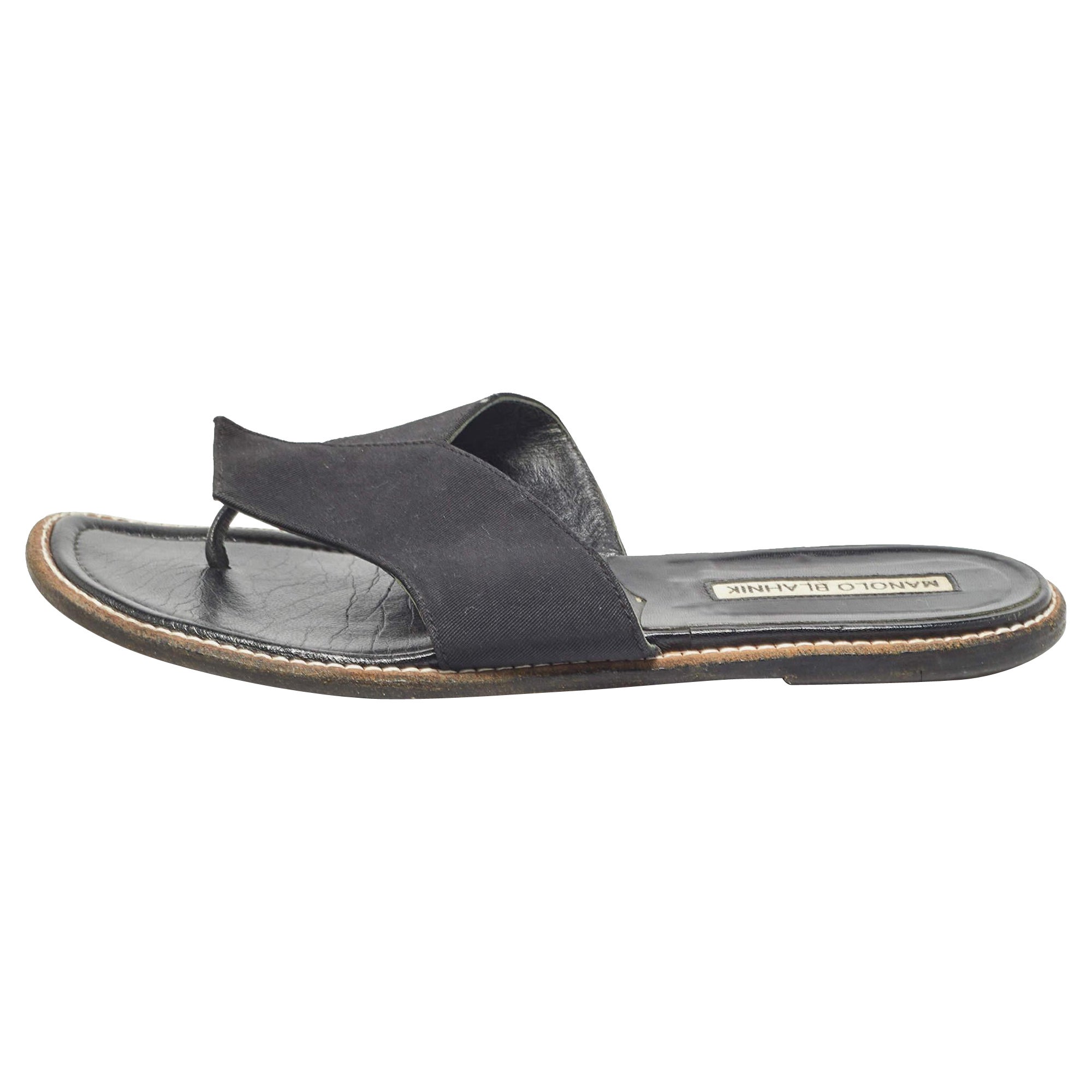 Manolo Blahnik Black Canvas Thong Flat Slides Size 37.5 For Sale