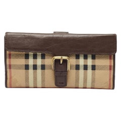 Burberry Brown/Beige Haymarket PVC and Leather Buckle Flap Continental Wallet