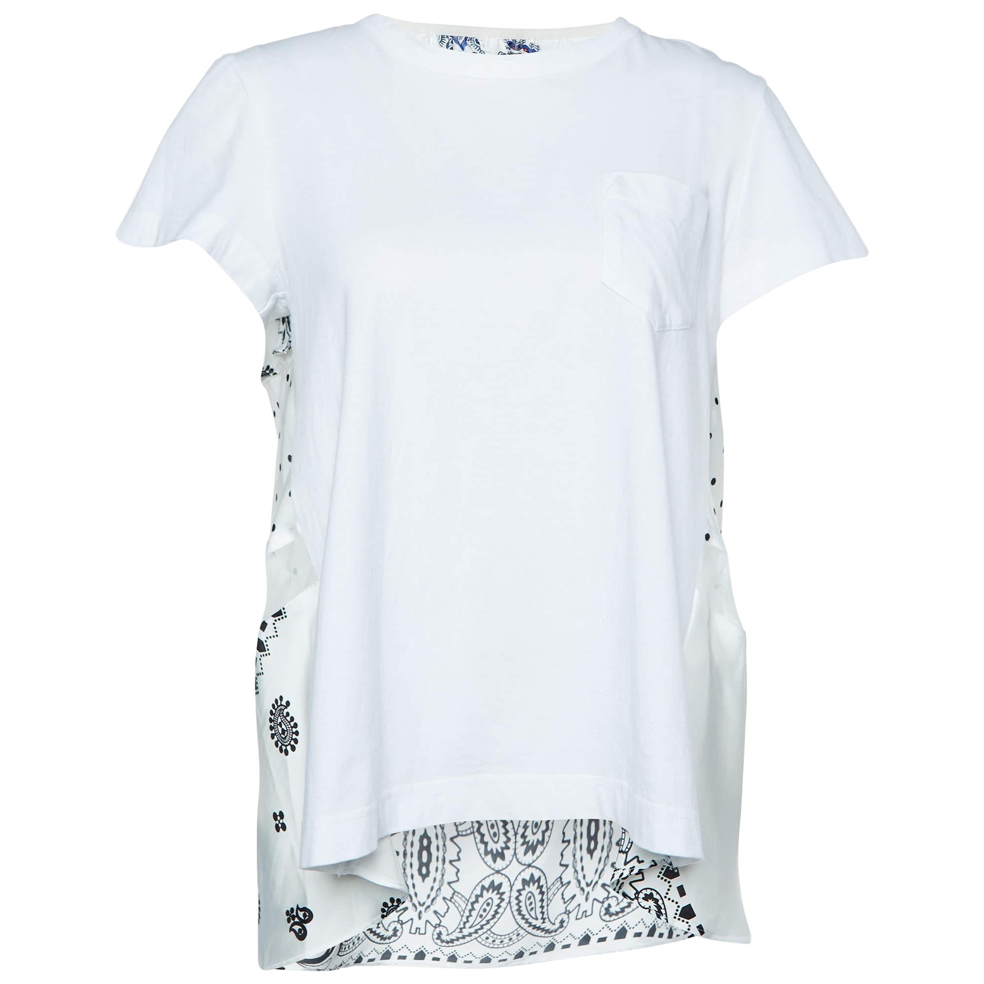 Sacai White Cotton & Paneled Satin Flared Top L For Sale