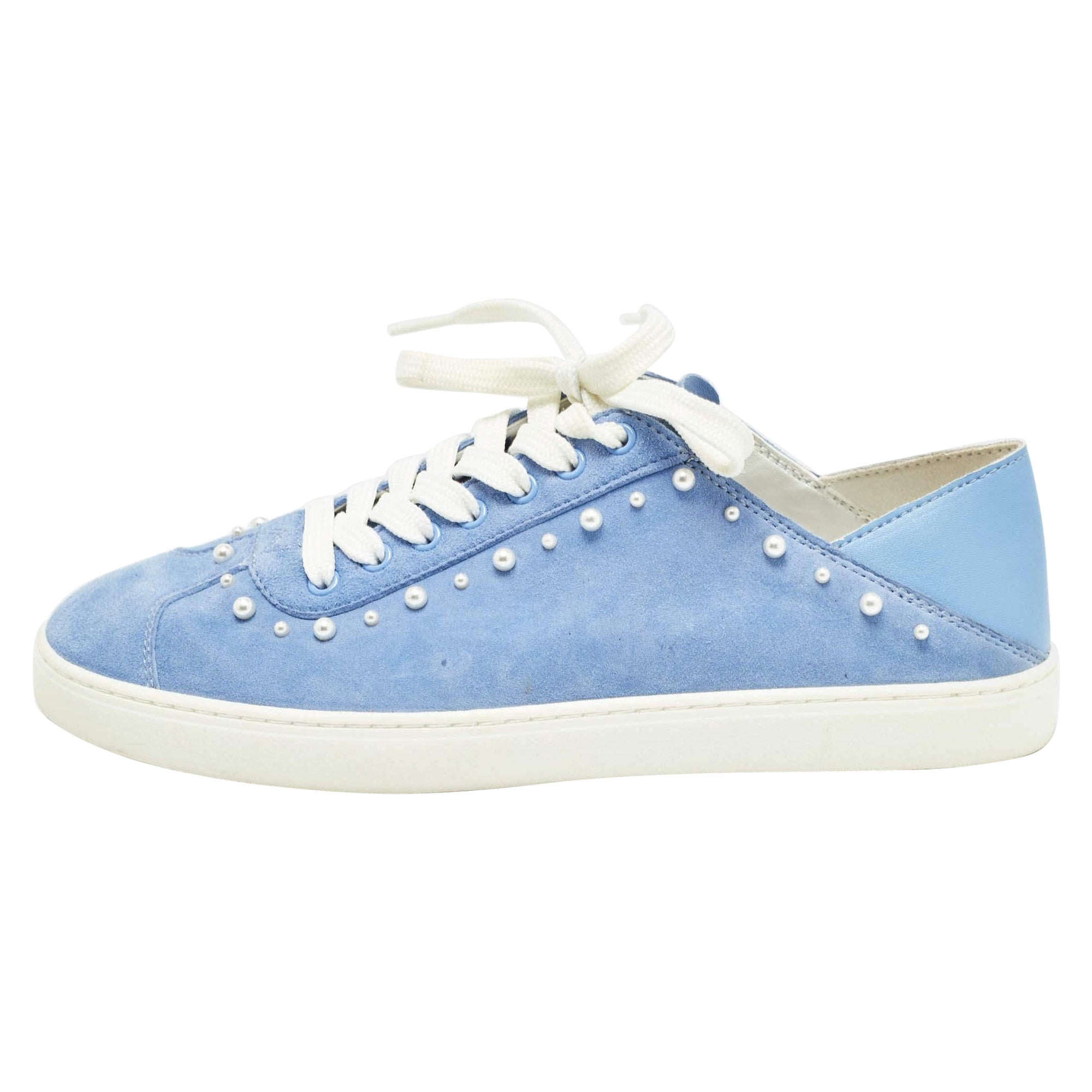 Stuart Weitzman Blue Suede Pear Embellished Lace Up Sneakers Size 39.5