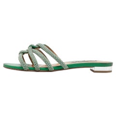 Aquazzura Green Crystal Embellished Leather Moondust Flat Slides Size 38