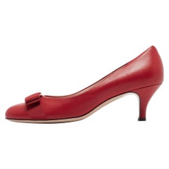 Salvatore Ferragamo Red Leather Vara Bow Pumps Size 37.5