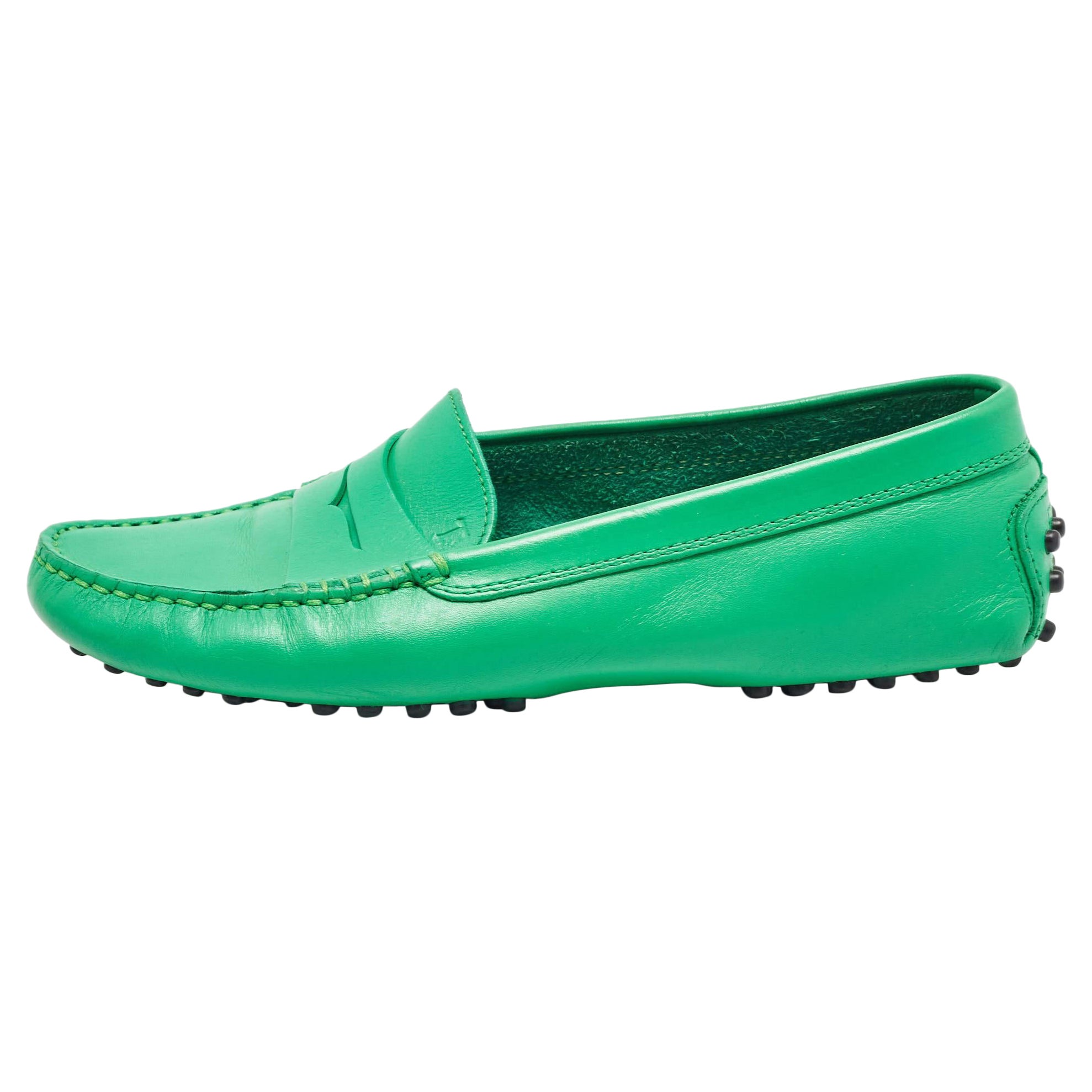 Tod's Green Leather Penny Loafers Size 36.5 For Sale