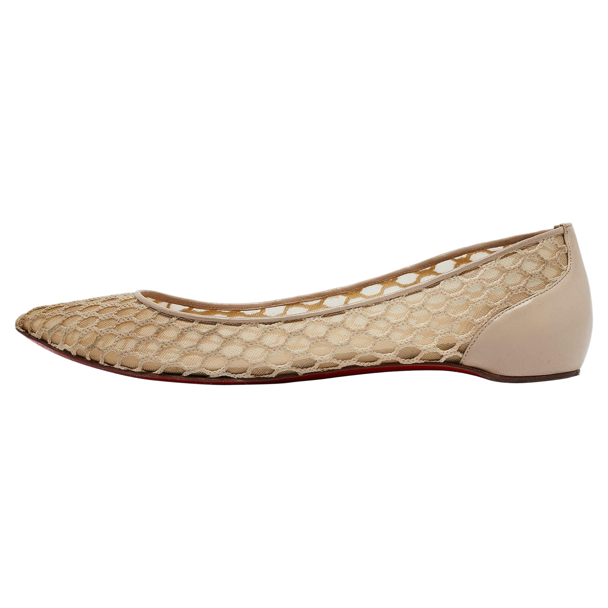 Christian Louboutin Beige Leather and Mesh Pigaresille Ballet Flats Size 38 For Sale