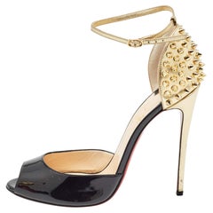 Christian Louboutin Black/Gold Patent Leather Pina Spike Sandals Size 39