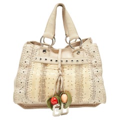 Dolce & Gabbana Cream/Beige Whipstitch Leather and Watersnake DG Charm Tote