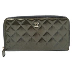Chanel Olive Green Quilted Patent Leather Classic Zip Around Wallet