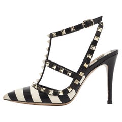 Valentino Black/White Striped Leather Rockstud Ankle Strap Pumps Size 38