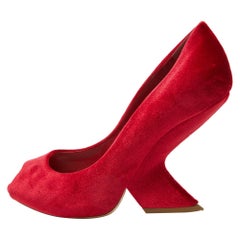 Dior Red Velvet Peep Toe Wedge Pumps Size 39