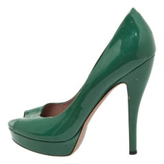 Gucci Green Patent Leather Peep Toe Platform Pumps Size 39