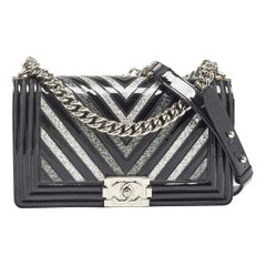Chanel Black/Silver Chevron Patent Leather Medium Boy Flap Bag
