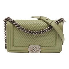 Chanel Green Chevron Leather Medium Boy Flap Bag