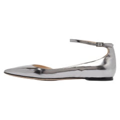 Jimmy Choo Metallic Grey Leather Lucy Ankle Strap Flats Size 37