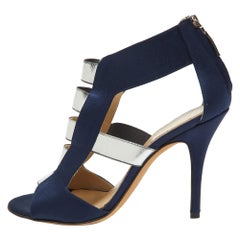 Fendi Blue/Silver Strappy Satin Peep Toe Zipper Sandals Size 37.5