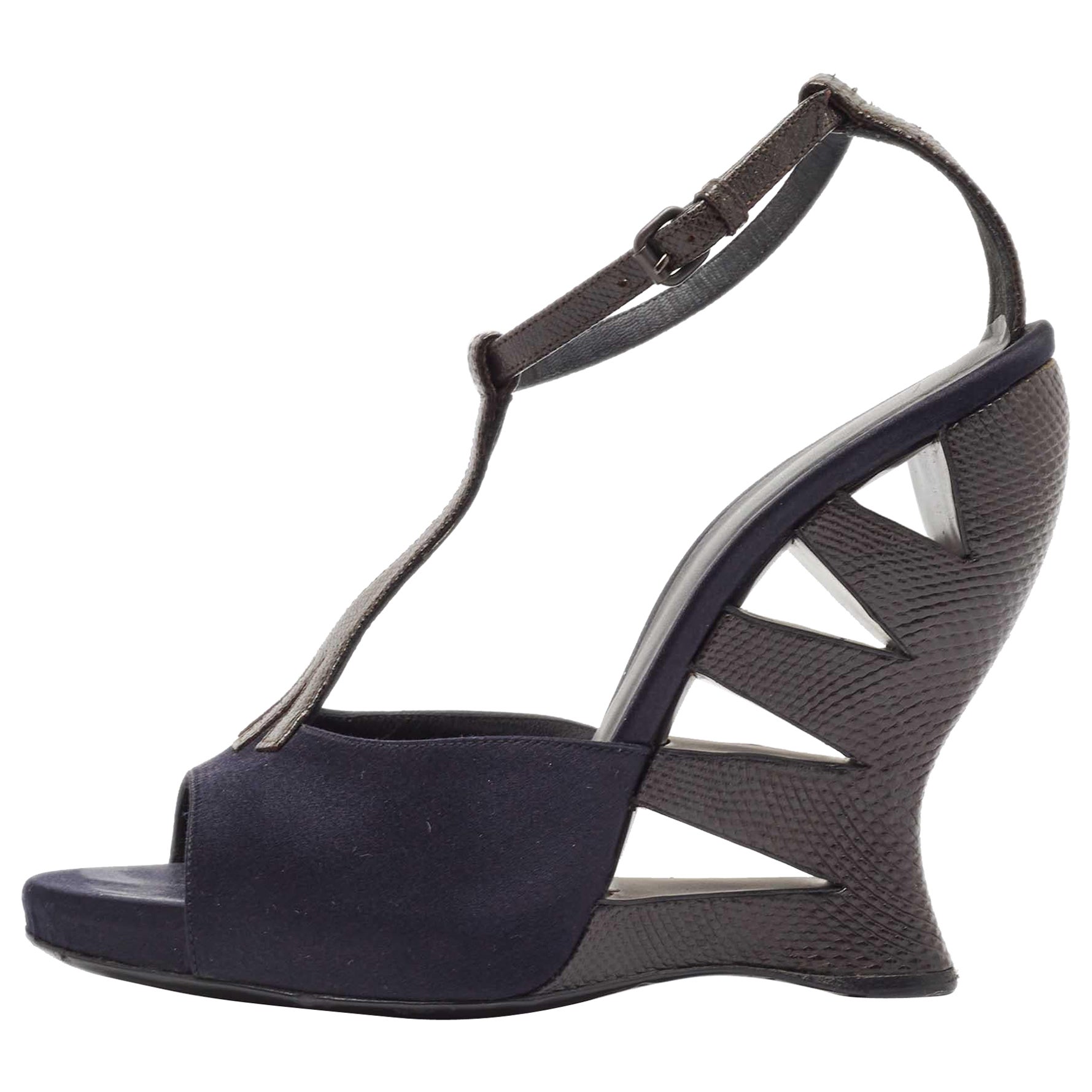 Bottega Veneta Blue Satin Textured Leather Ankle Strap Wedge Sandals Size 38 For Sale