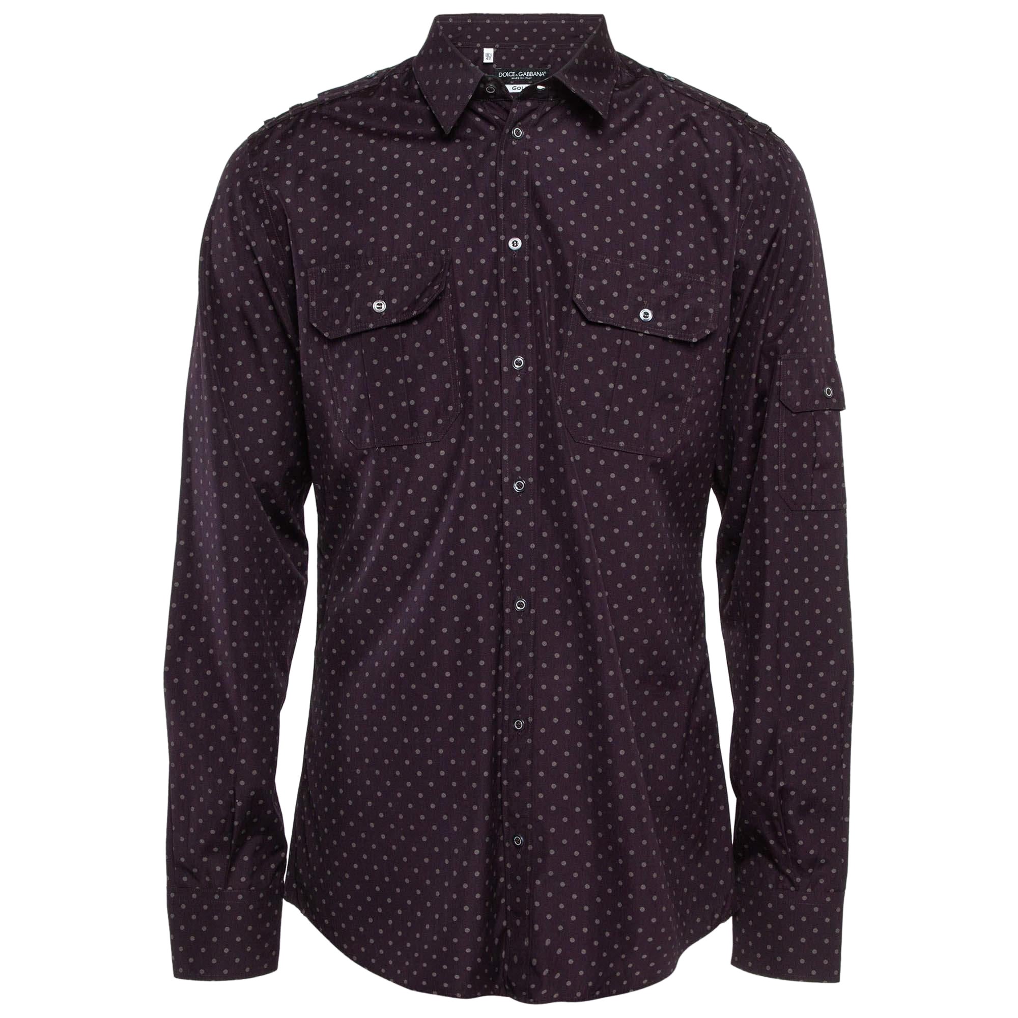 Dolce & Gabbana Gold Dark Purple Dotted Cotton Buttoned Up Shirt XXS For Sale