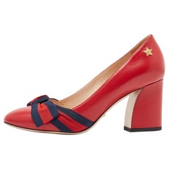 Gucci Red Leather Web Bow Block Heel Pumps Size 36