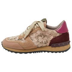 Valentino Beige/Pink Floral Lace and Leather Rockrunner Low Top Sneakers Size 35