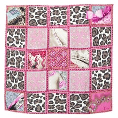 Dior Pink Jewel & Animal Grid Print Silk Scarf