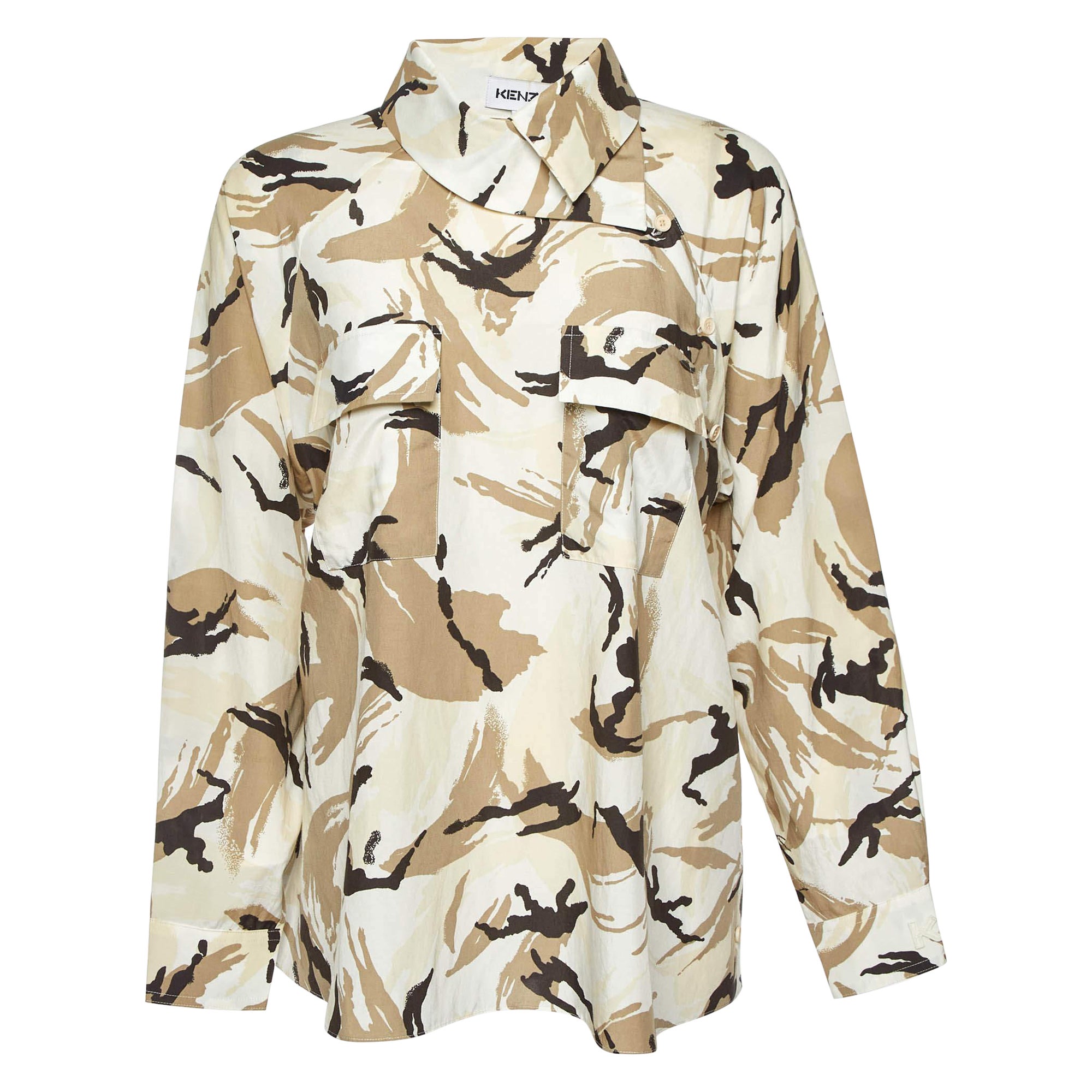Kenzo Beige Camouflage Print Silk Blend Asymmetric Shirt S For Sale