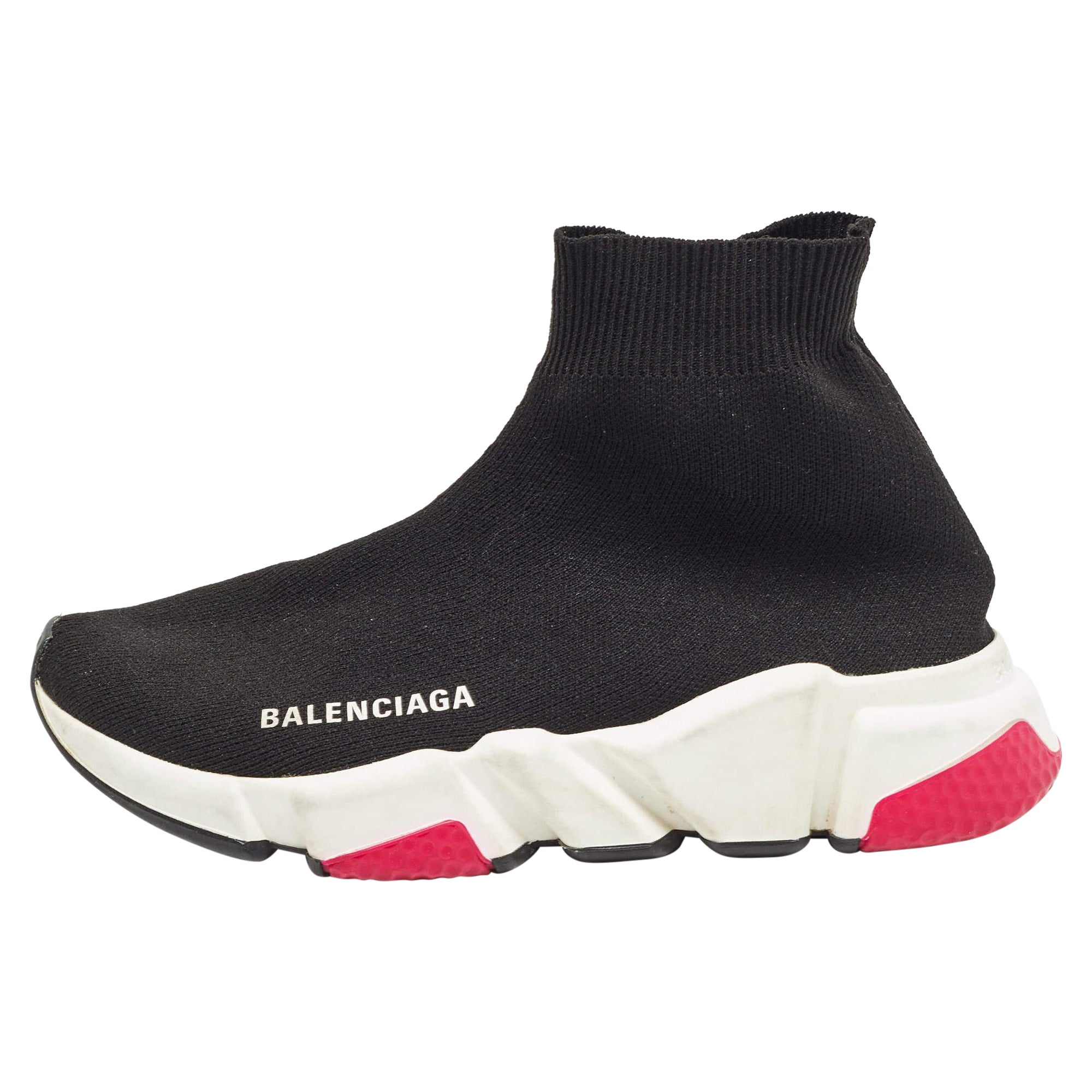 Balenciaga Black Knit Fabric Speed Trainer High Top Sneakers Size 35 For Sale